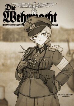 1girl armband belt blurry blurry_background camera collar_tabs collared_jacket earrings emblem german_text germany gloves hat highres holding holding_camera holster jacket jewelry long_hair long_sleeves medal mg_g military military_dress_uniform military_hat military_jacket military_uniform nazi original peaked_cap ponytail reichsadler sepia skull_and_crossbones smile soldier solo swastika totenkopf wehrmacht world_war_ii
