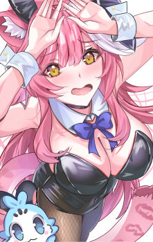 Rule 34 | 1girl, alternate costume, animal ears, black leotard, blush, breasts, cat ears, cat girl, cat tail, chattino (raora panthera), commentary, fishnet pantyhose, fishnets, highres, hololive, hololive english, large breasts, leotard, multicolored hair, open mouth, pantyhose, pink hair, playboy bunny, raora panthera, solo, strapless, strapless leotard, streaked hair, symbol-only commentary, tail, virtual youtuber, white streaks, yellow eyes, zacky