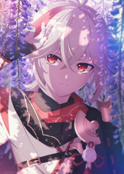 1boy absurdres armor bandaged_hand bandages chinese_wolfberry closed_mouth crossed_bangs flower genshin_impact hair_between_eyes hand_up highres japanese_armor japanese_clothes kaedehara_kazuha kimono male_focus multicolored_hair orange_eyes pom_pom_(clothes) portrait purple_flower red_hair red_scarf scarf short_hair shoulder_armor sode solo streaked_hair two-tone_hair white_hair white_kimono