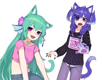 2girls animal_ear_fluff animal_ears animal_hands black_nails black_sweater braid cat_ears cat_girl cat_tail crop_top cropped_shirt fangs finana_ryugu fins fish_girl green_hair head_fins head_wings highres kemonomimi_mode leaning_forward medium_hair multiple_girls neck_tattoo nijisanji nijisanji_en pants pink_shirt purple_eyes purple_hair purple_pants selen_tatsuki selen_tatsuki_(1st_costume) shirt sweater tail tattoo twin_braids v-shaped_eyebrows virtual_youtuber white_background wings yoako