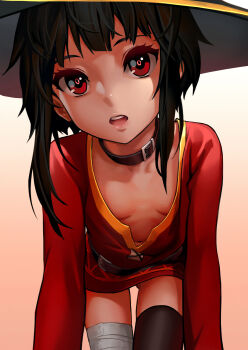 10s 1girl as109 bandages belt black_hair black_thighhighs blush breasts collar collarbone commentary_request downblouse dress extended_downblouse female_focus gluteal_fold hat highres kono_subarashii_sekai_ni_shukufuku_wo! lips loli looking_at_viewer megumin navel no_bra open_mouth red_eyes revision short_hair single_thighhigh small_breasts solo thighhighs witch_hat