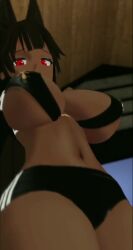 1girl 3d animal_ears animated anubis anubis_(mythology) arm_warmers arms_up black_hair bouncing_breasts breasts dark-skinned_female dark_skin earrings grabbing_own_breast highres swaying_hip jackal_ears jewelry large_breasts long_hair looking_at_viewer looking_down navel red_eyes revealing_clothes shorts standing stubbystubby tagme thick_thighs thighs video vrchat