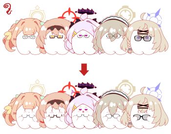 Rule 34 | 3 3, ^^^, akane (blue archive), arrow (symbol), black-framed eyewear, blue archive, blue eyes, blush, brown hair, chibi, chinatsu (blue archive), closed mouth, commentary request, eyes visible through hair, glasses, grey eyes, grey hair, hair between eyes, hair intakes, hair ornament, hair over eyes, hairclip, halo, highres, hina (blue archive), holding, holding removed eyewear, horns, kotama (blue archive), kurukurumagical, long hair, maid headdress, odd one out, open mouth, parted bangs, purple eyes, semi-rimless eyewear, shimiko (blue archive), simple background, single hair intake, twintails, under-rim eyewear, unworn eyewear, very long hair, white background, x hair ornament, yellow eyes