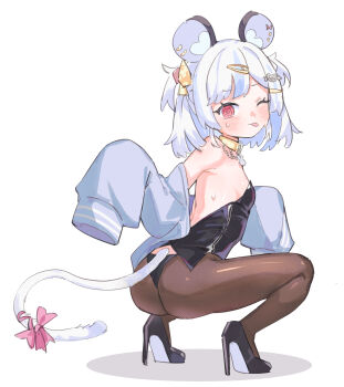 1girl :p @_@ absurdres animal_ears ass black_panties blush bow breasts choker fishnet_pantyhose fishnets from_behind full_body hair_ornament hairclip high_heels highres indie_virtual_youtuber long_sleeves looking_back maplesights mouse_ears mouse_girl multicolored_hair nemimi_yane one_eye_closed panties pantyhose red_eyes simple_background sleeves_past_fingers sleeves_past_wrists small_breasts solo squatting streaked_hair sweat tail tail_bow tail_ornament tongue tongue_out two_side_up underwear virtual_youtuber white_background