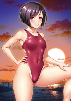1girl asics beach black_hair breasts cloud commentary_request competition_swimsuit covered_erect_nipples covered_navel gradient_sky hand_on_own_hip hand_on_own_thigh highres horizon kuri_(kurigohan) medium_breasts new_year ocean one-piece_swimsuit orange_sky original red_eyes red_one-piece_swimsuit red_swimsuit short_hair sky smile solo sunrise swimsuit torii