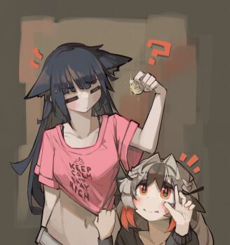 2girls ? absurdres animal_ears arknights arm_up black_hair blunt_bangs brown_hair closed_mouth clothes_tug commentary crop_top ears_down english_commentary english_text facing_another hands_up highres holding jessica_(arknights) keep_calm_and_carry_on long_hair long_sleeves looking_at_viewer midriff multicolored_hair multiple_girls navel notice_lines orange_eyes orange_hair pink_shirt shirt short_sleeves sidelocks snowsant_(arknights) stomach streaked_hair togekk0