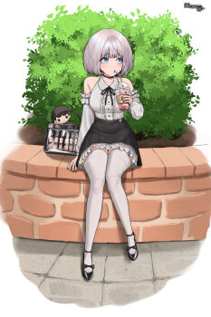 1girl absolute_(nikke) absurdres alternate_costume badge bendy_straw blue_eyes breasts button_badge casual character_badge character_doll character_doll_in_itabag commander_(nikke) commentary_request contemporary cup detached_sleeves disposable_cup doll drink drinking drinking_straw drinking_straw_in_mouth emma_(nikke) eunhwa_(nikke) goddess_of_victory:_nikke grey_hair highres holding holding_cup holding_drink itabag jacket medium_breasts merchandise military_jacket milkshake noorung rapi_(nikke) short_hair thighhighs vesti_(nikke)