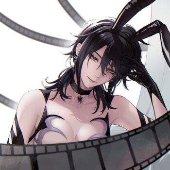 1girl angon623 animal_ears armrest black_choker black_hair choker deren_(path_to_nowhere) earrings film_strip gloves grey_eyes head_rest jewelry looking_at_viewer medium_hair path_to_nowhere rabbit_ears revealing_clothes simple_background solo white_background