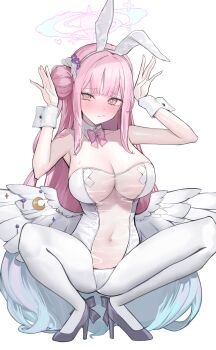 1girl absurdres animal_ears blue_archive blush bow bowtie breasts commentary_request covered_navel fake_animal_ears feathered_wings flower hair_bun hair_flower hair_ornament hair_scrunchie halo hands_up high_heels highres large_breasts leotard long_hair looking_at_viewer low_wings mika_(blue_archive) nephthys2356 pantyhose pasties pink_hair rabbit_ears scrunchie see-through_clothes see-through_leotard sidelocks single_side_bun solo spread_legs squatting thighs white_leotard white_pantyhose wings wrist_cuffs yellow_eyes