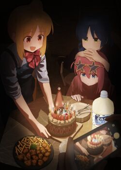4girls absurdres birthday_cake blonde_hair blue_eyes blue_hair bocchi_the_rock! bow bowtie cake candle candlelight commentary dark_room eyewear_on_head food fruit gotoh_hitori green_eyes hair_between_eyes highres holding holding_phone ijichi_nijika indoors jacket long_hair long_sleeves multiple_girls one_side_up phone pink_hair pink_jacket red_bow red_bowtie shirasuke_0822 shirt sidelocks star-shaped_eyewear star_(symbol) strawberry sunglasses suspenders symbol-only_commentary taking_picture track_jacket viewfinder white_shirt yamada_ryo