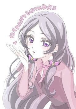 Rule 34 | 1girl, bare arms, bare shoulders, birthday, black hair, black shirt, blowing kiss, braid, eyelashes, hair ornament, hair ribbon, hair tie, happy birthday, heart, heart-shaped pupils, highres, jacket, kimi to idol precure, long hair, looking at viewer, low twin braids, meroron (civilian) (precure), meroron (precure), parted bangs, precure, purple eyes, ribbon, see-through clothes, see-through jacket, shirt, sideways hat, solo, solo focus, sugimoto miho, symbol-shaped pupils, twin braids, upper body, very long hair, white background