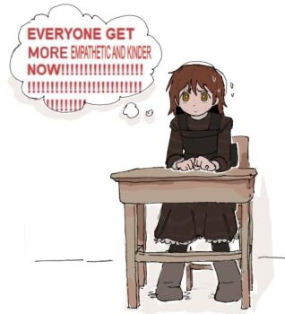 1girl asya_shubina boots brown_dress brown_eyes brown_hair chair clenched_hands closed_mouth commentary dalasquil desk dress english_text highres on_chair pantyhose school_desk school_uniform short_hair sitting solo speech_bubble sweatdrop symbol-only_commentary thought_bubble white_background worried z.a.t.o._//_i_love_the_world_and_everything_in_it