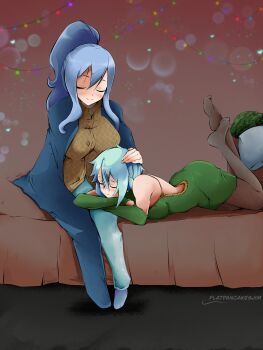 Rule 34 | 2girls, bed, bedroom, blue hair, christmas lights, fairy tail, flatpancakesjim, hand on another's head, highres, juvia lockser, leggings, lying on lap, lying on person, multiple girls, sinon, smile, sweater, sword art online, winter clothes