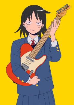 1girl absurdres black_eyes black_hair blazer blue_jacket blue_skirt blush collared_shirt commentary_request cowboy_shot electric_guitar fender_telecaster futsuu_no_keion-bu guitar hatono_chihiro highres holding holding_guitar holding_instrument ikihaji instrument jacket lapels long_sleeves looking_at_viewer medium_hair neck_ribbon notched_lapels pleated_skirt red_ribbon ribbon school_uniform shirt side_ahoge simple_background skirt small_pupils smile solo white_shirt wing_collar winter_uniform yellow_background