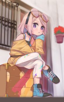 1girl box brown_hair commentary crossed_legs eyewear_on_head full_body hand_on_own_cheek hand_on_own_face highres honkai_(series) honkai_impact_3rd jacket long_sleeves matsushita_yuubin outdoors pants picasso_(honkai_impact) pink_hair round_eyewear semi-rimless_eyewear shoes short_hair sitting sneakers solo white_pants yellow_jacket