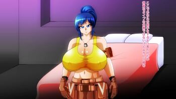 1girl bed breasts curvy female_focus huge_breasts japanese_text kaiman82 kaimanwanio leona_heidern nipples pale_skin shirt standing tank_top the_king_of_fighters thick_thighs thighs