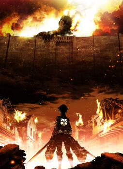 1boy asano_kyouji back bald black_hair boots burning burning_building city cleaned colossal_titan destruction dual_wielding epic eren_yeager fire from_behind from_below giant giant_monster highres holding house jacket kaiju key_visual male_focus military military_uniform monochrome monster muscular official_art promotional_art shingeki_no_kyojin short_hair smoke standing steam sword teeth three-dimensional_maneuver_gear titan_(shingeki_no_kyojin) wall weapon
