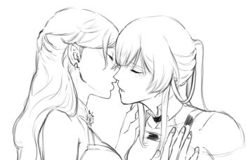 2girls closed_eyes commentary earrings greyscale hand_on_another&#039;s_shoulder himeko_(honkai:_star_rail) honkai:_star_rail honkai_(series) imminent_kiss jewelry kafka_(honkai:_star_rail) long_hair monochrome multiple_girls parted_lips ponytail setima_7c yuri