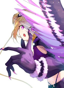 Rule 34 | 1girl, artist name, bikini, black thighhighs, blonde hair, breasts, capella emerada lugnica, commentary request, fangs, feathered wings, hair ornament, highres, looking at viewer, navel, open mouth, pink eyes, re:zero kara hajimeru isekai seikatsu, shin'ya (yukiura), short hair, shorts, shrug (clothing), simple background, small breasts, solo, swimsuit, thighhighs, white background, wings
