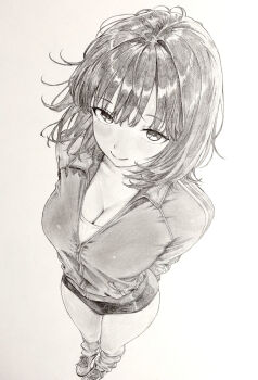 1girl absurdres arms_behind_back breasts buruma cleavage closed_mouth commentary_request from_above full_body graphite_(medium) greyscale highres jacket large_breasts lensia long_sleeves loose_socks monochrome original shoes short_hair simple_background smile sneakers socks solo standing track_jacket traditional_media