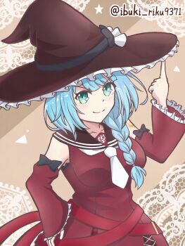 >:) 1girl aqua_eyes arm_tattoo assault_lily belt black_bow blue_hair blush bow braid braided_ponytail breasts brown_background brown_hat brown_sailor_collar closed_mouth commentary_request cowboy_shot detached_sleeves dress finger_on_hat frilled_hat frilled_sleeves frills hair_over_shoulder hand_on_own_hip hand_up hat hat_bow highres ibuki_riku index_finger_raised kanba_girls_high_school_uniform lace_background large_breasts long_hair long_sleeves looking_at_viewer medium_breasts multiple_belts necktie red_belt red_dress sailor_collar school_uniform serafuku short_necktie single_braid sleeve_bow sleeveless sleeveless_dress solo standing tattoo tozaki_moka twitter_username v-shaped_eyebrows white_necktie witch_hat