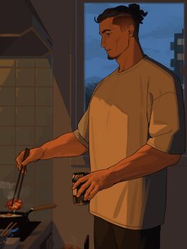 1boy black_hair black_pants blue_eyes can chopsticks cloud cloudy_sky dim_lighting facial_hair food from_side frying_pan goatee_stubble hair_bun highres holding holding_can holding_chopsticks indoors kitchen looking_at_object male_focus mature_male night original oven pants sa1k0p shirt shrimp shrimp_tempura sky solo stubble tempura undercut window yellow_shirt