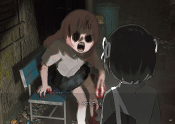 1girl 1other bag bench black_hair blood blood_on_hands empty_eyes fake_screenshot hair_ribbon highres horror_(theme) lost_property_control_organization_(samidare) monster non-web_source original protagonist_(lost_property_control_organization) ribbon samidare_(hoshi) school_bag school_uniform short_hair transformation translated trash_can user_interface white_ribbon