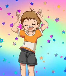1boy alan_snaki animated antenna_hair audible_music brown_hair caramelldansen child closed_eyes commentary commission cowboy_shot dancing english_commentary facing_viewer grey_shorts male_focus open_mouth orange_shirt original second-party_source shirt short_hair short_sleeves shorts solo sound star_(symbol) star_symbol_background tagme teeth upper_teeth_only video