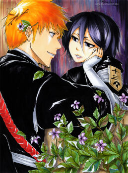 Rule 34 | 1boy, 1girl, badge, black eyes, black hair, bleach, brown eyes, eye contact, flower, fukutaichou badge, grin, head rest, highres, japanese clothes, kuchiki rukia, kurosaki ichigo, looking at another, orange hair, short hair, smile, watermark, web address, yuria-chu