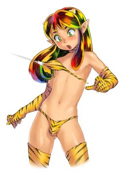 1boy androgynous animal_print assisted_exposure bikini blush bulge cowboy_shot crossdressing crossdressing_(mtf) elbow_gloves eyeshadow genderswap genderswap_(ftm) gloves green_eyes lips long_hair lum makeup male_focus multicolored_hair navel nipples open_mouth po-ju pointy_ears scene_reference simple_background solo standing swimsuit testicle_peek testicles thighhighs tiger_print trap urusei_yatsura white_background yellow_bikini