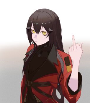 Rule 34 | 1girl, arm up, black bodysuit, black hair, bodysuit, closed mouth, commentary, dandelion (girls' frontline), english commentary, girls' frontline, griffin &amp; kryuger military uniform, hair between eyes, hair ornament, hairclip, highres, jacket, long hair, looking at viewer, middle finger, red jacket, sidelocks, simple background, sleeves rolled up, solo, takaprince, upper body, yellow eyes