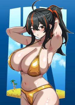 1girl absurdres ahoge artist_name bikini black_hair blue_background blue_border blush border breasts commentary cowboy_shot english_commentary gold_bikini highres huge_breasts long_hair looking_at_viewer multicolored_hair navel outline parted_lips ponytail raiken_art red_eyes red_hair solo streaked_hair swimsuit white_outline zenless_zone_zero zhu_yuan