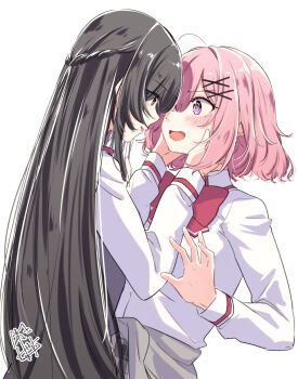 2girls akira_miku_ver amaori_renako ashigaya_high_school_uniform black_hair bow bowtie braid clothes_around_waist collared_shirt eye_contact grey_sweater half_up_braid hands_on_another's_face highres koto_satsuki long_hair looking_at_another medium_hair multiple_girls pink_hair purple_eyes red_bow red_bowtie red_eyes school_uniform shirt simple_background sweater sweater_around_waist watashi_ga_koibito_ni_nareru_wake_naijan_murimuri! white_background white_shirt yuri
