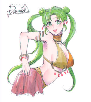 1girl :d armlet armpits artist_logo bare_arms bracelet breasts cleavage commentary_request dancer double_bun fire_emblem fire_emblem:_genealogy_of_the_holy_war green_eyes green_hair hair_bun himmeldavenport jewelry logo long_hair looking_at_viewer medium_breasts nintendo open_mouth red_skirt sideboob silvia_(fire_emblem) skirt smile solo stomach teeth twintails upper_body upper_teeth_only white_background