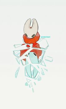 1girl artist_name black_eyes broken_mirror chinese_commentary cloak commentary_request film_grain full_body halftone halftone_background highres hightguy hollow_knight hornet_(hollow_knight) horns mirror red_cloak reflection simple_background solo white_background