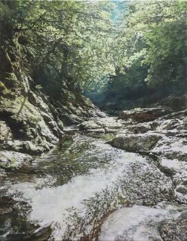 Rule 34 | absurdres, blue sky, commentary request, day, forest, highres, naohiro ito, nature, no humans, original, outdoors, painting (medium), realistic, river, riverbank, scenery, shadow, sky, stream, sunlight, traditional media, tree, tree shade