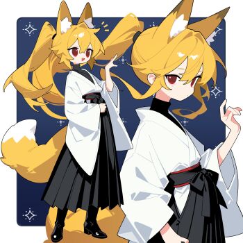 1girl animal_ear_fluff animal_ears black_boots black_bow black_sash black_shirt black_skirt blue_background boots border bow closed_mouth collared_shirt commentary dot_mouth extra_ears fox_ears fox_girl fox_tail from_side full_body gradient_background grey_shirt hair_between_eyes hair_intakes hair_tie hakama hakama_skirt hand_up high_heel_boots high_heels highres japanese_clothes kimono knee_boots llucilab long_hair long_skirt long_sleeves looking_at_viewer multiple_views no_nose obi open_mouth original outside_border pleated_skirt ponytail red_eyes red_sash sash shirt sidelocks skirt smile star_(symbol) star_symbol_background tail turtleneck turtleneck_shirt upper_body white_border white_kimono wide_sleeves
