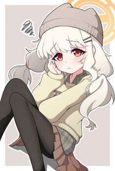 Rule 34 | 1girl, aoba (blue archive), aoba (mom's touch) (blue archive), beanie, black thighhighs, blue archive, blush, brown skirt, brown sweater, grey hat, hair ornament, hairclip, halo, hand on own cheek, hand on own face, hat, highres, long hair, looking at viewer, low twintails, official alternate costume, orange halo, parallel hairclips, plaid clothes, plaid shirt, red eyes, shirt, skirt, solo, sweatdrop, sweater, thighhighs, twintails, ycloudy 96