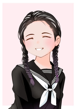 Rule 34 | 1girl, :d, black serafuku, braid, closed eyes, facing viewer, long hair, neckerchief, open mouth, original, pink background, sailor collar, school uniform, serafuku, simple background, smile, solo, twin braids, upper body, white background, white neckerchief, yamanaka kouji (yanchiki2001)