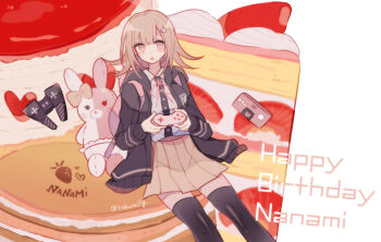 1girl aegyo_sal animal animal_bag backpack bag black_jacket black_thighhighs blunt_bangs brown_skirt buttons cake cake_slice character_name cheesecake collared_shirt commentary_request controller danganronpa_(series) danganronpa_2:_goodbye_despair diaper dress_shirt english_text expressionless eyelashes feet_out_of_frame food fruit game_controller hair_ornament hairclip happy_birthday heart high-waist_skirt holding holding_controller holding_game_controller hood hood_down hooded_jacket jacket long_sleeves looking_at_viewer medium_hair monomi_(danganronpa) nanami_chiaki neck_ribbon on_food open_clothes open_jacket oversized_food oversized_object pancake pink_bag pink_eyes pink_hair pink_ribbon pleated_skirt rabbit ribbon sakura_(fein5862817) shirt sitting skirt souffle_pancake strawberry strawberry_shortcake thighhighs twitter_username white_background white_shirt zettai_ryouiki