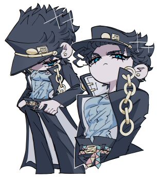 Rule 34 | 1boy, :<, absurdres, belt, black coat, black hair, black hat, black pants, blue eyes, closed mouth, coat, collared coat, cropped legs, earrings, eyelashes, hat, highres, jewelry, jojo no kimyou na bouken, kuujou joutarou, looking at viewer, looking to the side, male focus, multiple views, pants, peaked cap, piercing, popped collar, short hair, sideways glance, simple background, slice mochi, stardust crusaders, stud earrings, two-sided coat, two-sided fabric, white background, white coat