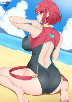 1girl ahoge alternate_costume ass bare_shoulders barefoot blush breasts circlet come_hither from_behind kaos_art large_breasts looking_at_viewer looking_back naughty_face one-piece_swimsuit pyra_(pro_swimmer)_(xenoblade) pyra_(xenoblade) red_eyes red_hair short_hair sideboob sitting smile solo swimsuit wariza xenoblade_chronicles_(series) xenoblade_chronicles_2