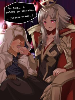1girl dress english_text femdom finger_in_another&#039;s_mouth fire_emblem fire_emblem_heroes grey_hair highres holding_another&#039;s_tongue kiran_(fire_emblem) nintendo official_alternate_hairstyle princess red_eyes short_hair sidelocks tagme throne tiara toshima19699496 veronica_(fire_emblem)
