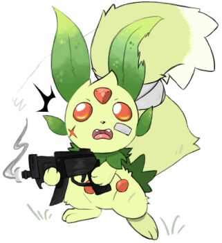 Rule 34 | forehead jewel, gem, green fur, gun, holding, holding gun, holding weapon, lifmunk, looking at viewer, no humans, open mouth, pal (creature), palworld, red eyes, red gemstone, roy mccloud, scar, solo, weapon, weapon request, white background