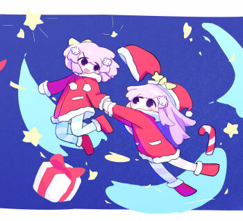 2girls absurdres blush bow box candy candy_cane christmas commentary_request d-pad d-pad_hair_ornament food fur-trimmed_headwear fur_trim gift gift_box hair_ornament hat highres kilocalories multiple_girls nepgear neptune_(neptunia) neptune_(series) open_mouth purple_hair santa_costume santa_hat short_hair siblings sisters smile star_(symbol) striped_clothes striped_thighhighs thighhighs yellow_bow