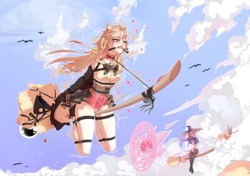 3girls absurdres ahegao animal_ear_fluff animal_ears armbinder arms_behind_back bag ball_gag bdsm black_shoes blonde_hair blush bondage bound bow bowtie broom broom_riding brown_eyes cat_ears cervical_penetration cervix cloud cloudy_sky coat collar commentary_request crotch_rope deep_penetration dildo dildo_gag feathermare flying frogtie full_body gag gagged hat highres leash long_hair multiple_girls open_mouth original outdoors pink_hair pleated_skirt potion red_coat rope saliva sex_toy shibari shibari_over_clothes shirt shoes skindentation skirt sky slave teeth thighhighs upper_teeth_only vaginal very_long_hair white_thighhighs witch witch_hat x-ray zettai_ryouiki