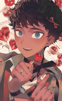 Rule 34 | 1boy, black hair, blue eyes, blush, candy, curly hair, dark-skinned male, dark skin, dungeon meshi, finger heart, food, heart, heart-shaped food, heart-shaped lollipop, highres, holding, holding candy, holding food, holding lollipop, jewelry, kabru, lollipop, looking at viewer, male focus, maratang, open mouth, ring, shaped lollipop, short hair, smile, solo, upper body, watch, white background, wristwatch