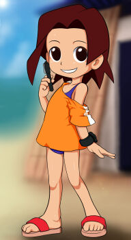 1girl alternate_costume amazake_arika bare_legs barefoot beach bikini blue_bikini blue_sky brown_eyes brown_hair female_focus grinding_teeth highres loli looking_at_viewer medarot ocean one-piece_swimsuit open_mouth orange_shirt pen sandals shiny_clothes shiny_skin shirt short_hair sky smile solo swimsuit watch white_cloud wristwatch
