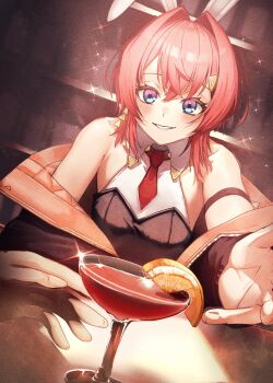 1girl ange_katrina animal_ears arm_strap armpit_crease bar_(place) bare_shoulders black_jacket blue_eyes blush breasts champagne_coupe cocktail collared_leotard commentary_request crossed_bangs cup doidamon drinking_glass dutch_angle earrings fake_animal_ears food fruit gold_earrings gradient_eyes grin hair_intakes hair_ornament halter_leotard halterneck hand_up heart heart_in_eye highres indoors jacket jewelry leotard lips looking_at_viewer medium_hair multicolored_eyes necktie nijisanji nontraditional_playboy_bunny off_shoulder official_alternate_costume open_clothes open_jacket orange_(fruit) orange_jacket orange_slice pov pov_across_table pov_hands purple_eyes rabbit_ears reaching reaching_towards_viewer red_hair red_necktie revision short_necktie single_earring small_breasts smile solo_focus sparkle symbol_in_eye triangle_earrings triangle_hair_ornament two-sided_fabric two-sided_jacket upper_body virtual_youtuber