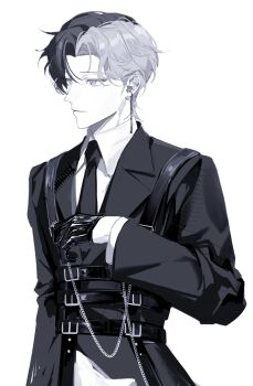 1boy aoyagi_touya belt_buckle black_gloves black_necktie blue_eyes blue_hair breast_curtains buckle collared_shirt commentary earrings fanfansukinie gloves hand_up harness highres jewelry lapels long_sleeves male_focus mole mole_under_eye multicolored_hair necktie notched_lapels official_alternate_costume official_alternate_hairstyle parted_hair project_sekai shirt short_hair simple_background solo split-color_hair two-tone_hair upper_body white_background zozotown